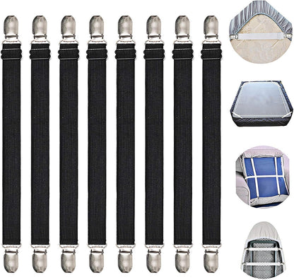 Adjustable Bed Sheet Straps, Elastic Sheet Fasteners Grippers Clips for Flat & Fitted Sheet Corner Holder, 8 Pack