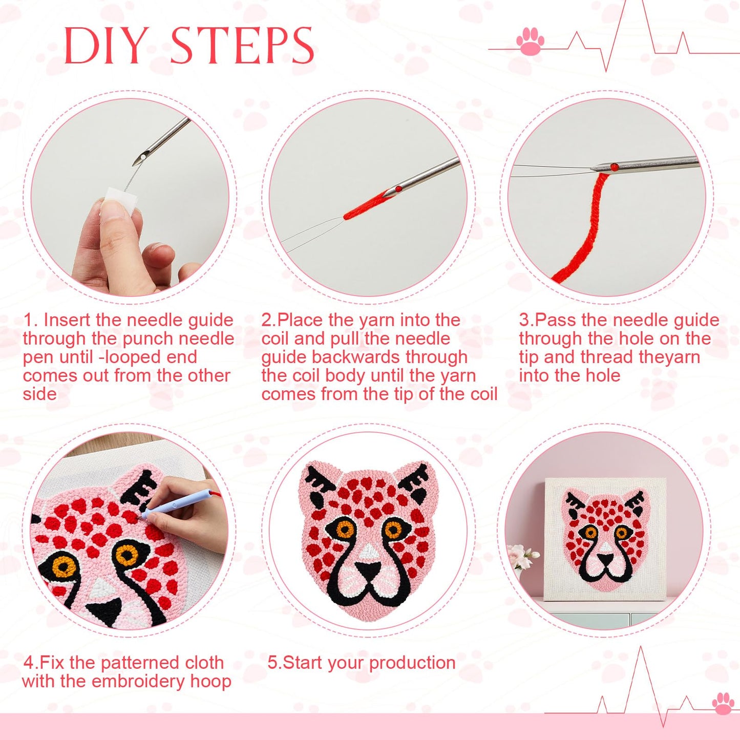 Preboun Leopard Punch Needle Kit, Punch Needle Embroidery Kit for Beginners Adults, 11.8''x11.8'' Punch Needle Set Including Yarns Tools, DIY Punch Needle Kit for Wall Decorations and Seat Cushions