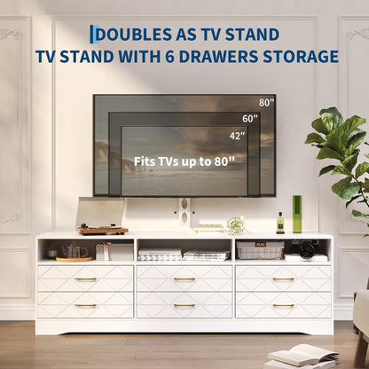 TV Stand With 6 Storage Drawers For Bedroom Living Room, Universal TV Stand With Mount Fit 32-80 Inch TVs, White Entertainment Center, Farmhouse Wood Media Console Tables With Height Adjustable Mount