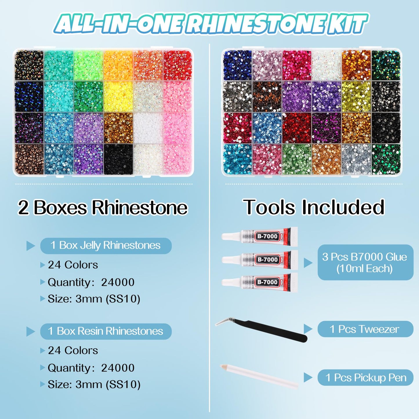 Kalolary 48000Pcs 48 Colors Resin Jelly Rhinestones Kit for Bedazzling,3MM Resin Flatback Gems Bedazzling Kit with B7000 Glue &Tools Bedazzler Kit with Rhinestones for Shoes Book Nail Art DIY Crafting