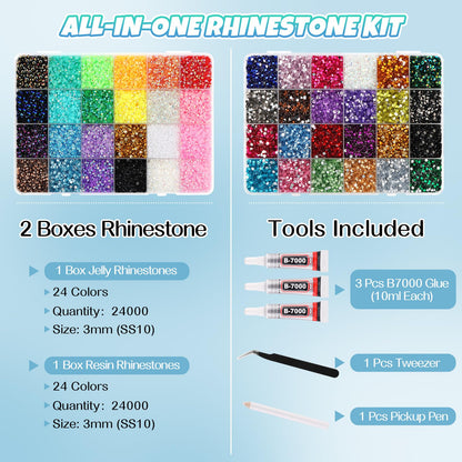 Kalolary 48000Pcs 48 Colors Resin Jelly Rhinestones Kit for Bedazzling,3MM Resin Flatback Gems Bedazzling Kit with B7000 Glue &Tools Bedazzler Kit with Rhinestones for Shoes Book Nail Art DIY Crafting