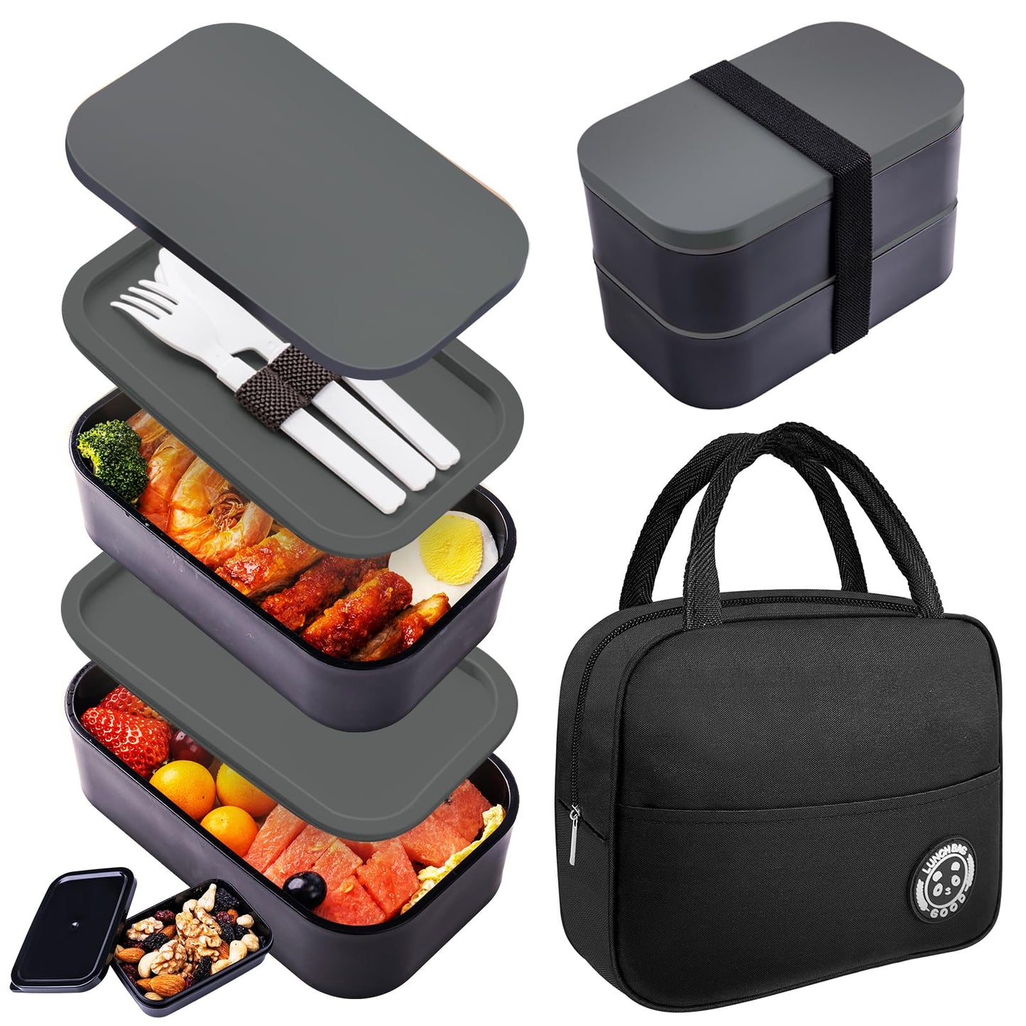 Healfyya Bento Box with Lunch Bag Microwavable All-in-One Meal Prep Compartment Lunch Containers with Utensils Leak Resistant Lunch Box with Sauce Container 60oz Gray