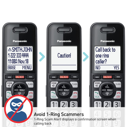 Panasonic Cordless Phone with Advanced Call Block, One-Ring Scam Alert, and 2-Way Recording with Answering Machine, 4 Handsets - KX-TGF944B (Black)