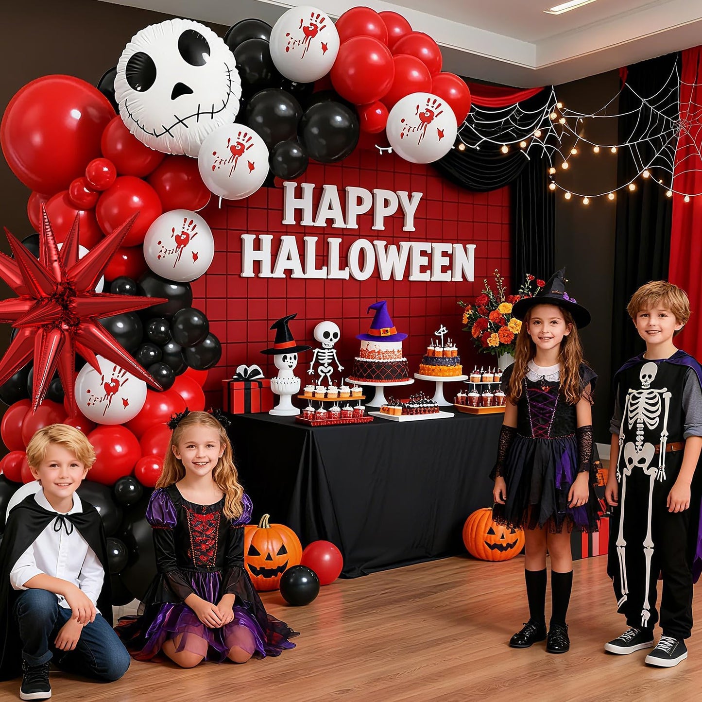 Halloween Balloon Arch Kit Bloody Balloons Garland Black and Red Balloon with Skull Face Explosion Star Foil Balloon for Nightmare Horror Theme Birthday Spooky Vampire Skeleton Cat Party Decorations