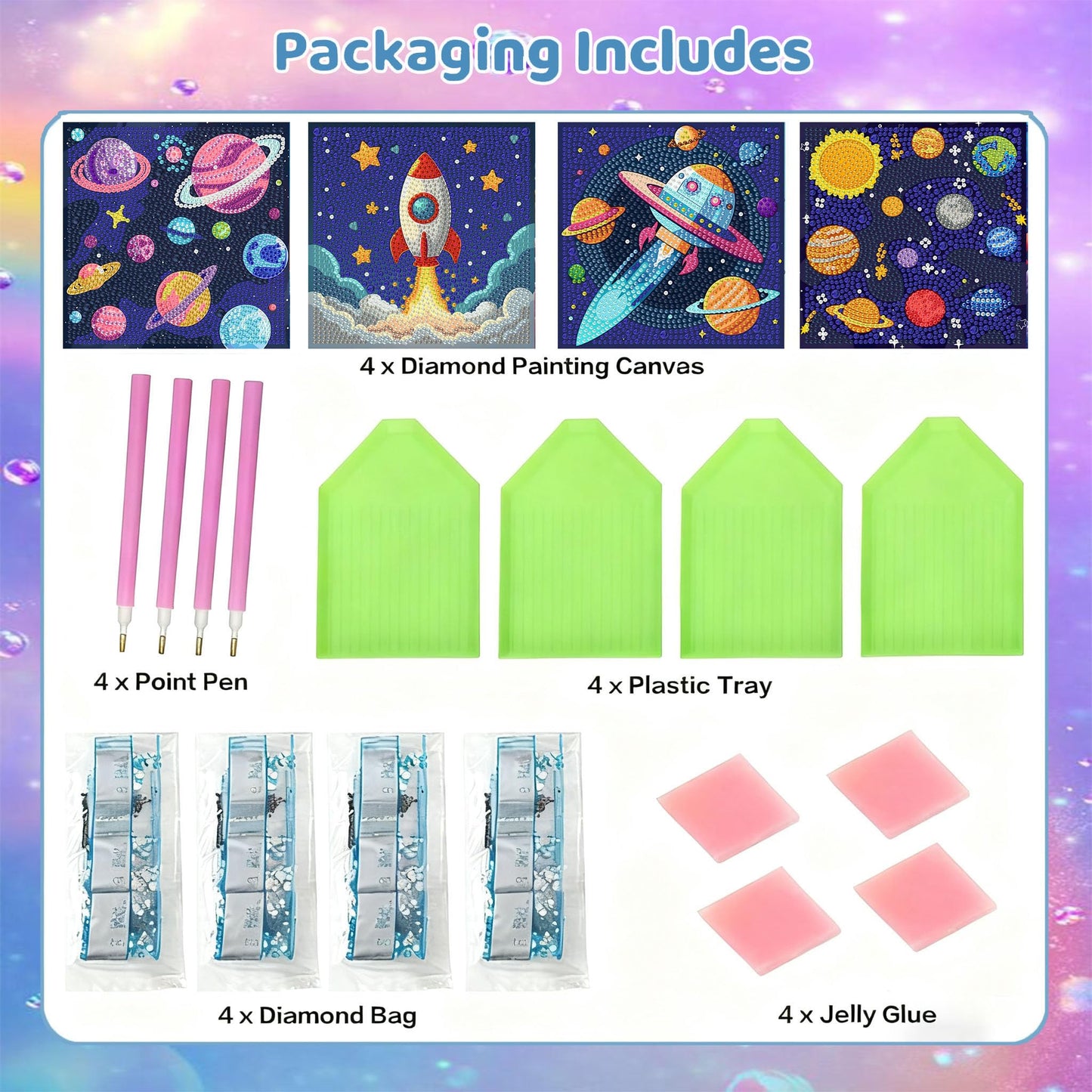 bleihum 4 Pack Diamond Art Painting Kits for Kids, Space Small Diamond Art for Kids Ages 8-12, Cute Gem Art Kits for Kid Gift Home Wall Decor 6X6 inch