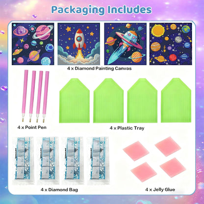 bleihum 4 Pack Diamond Art Painting Kits for Kids, Space Small Diamond Art for Kids Ages 8-12, Cute Gem Art Kits for Kid Gift Home Wall Decor 6X6 inch