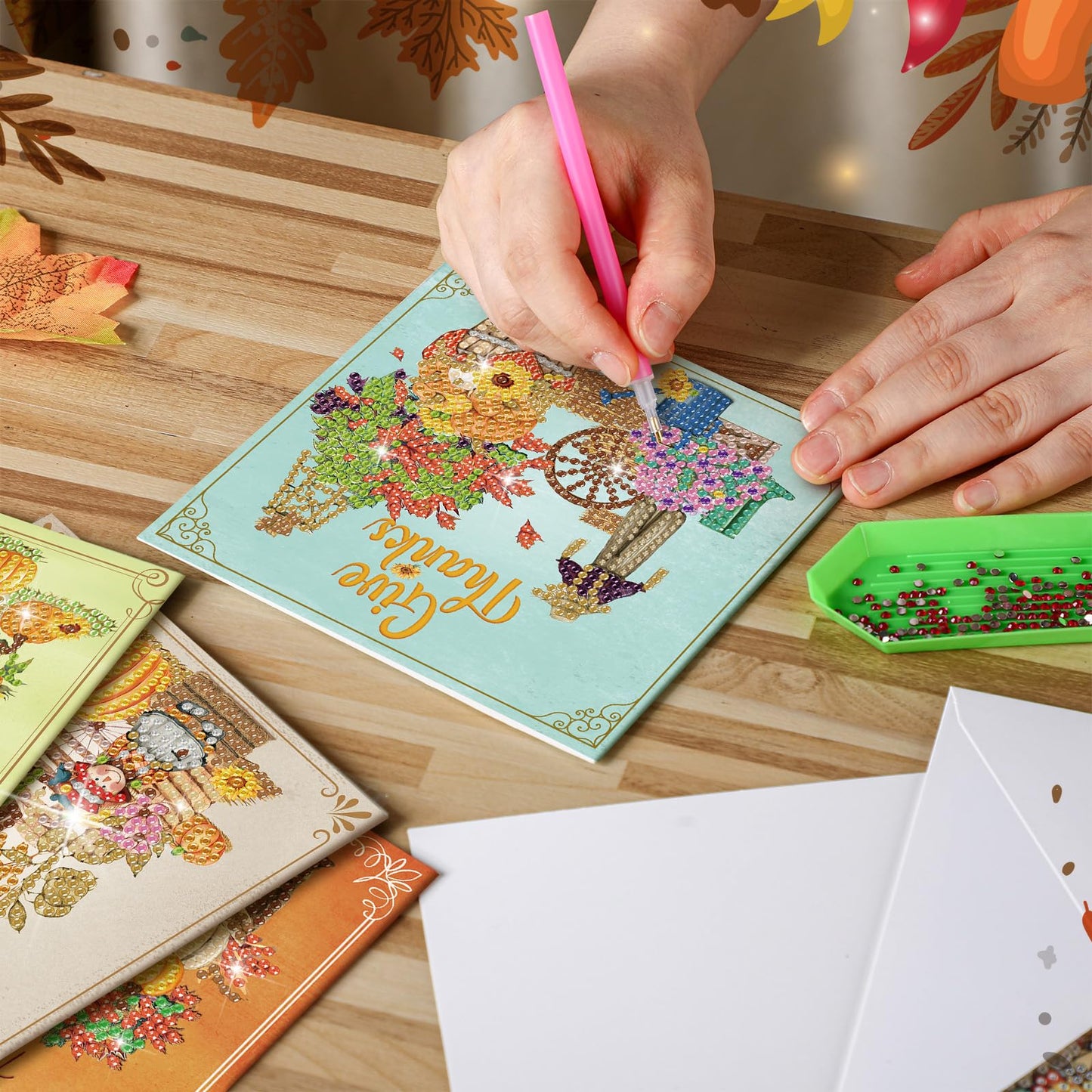 TecUnite 12 Pack Thanksgiving Diamond Painting Greeting Card Kits Fall Thanksgiving Diamond Art Cards with Envelopes Pumpkin DIY Crafts Kit Rhinestones Paint Scarecrow Cards for Friend Birthday Gifts