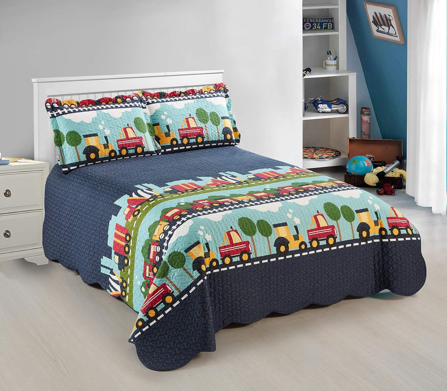 MK Home 3pc Set Full/Queen Bedspread Cars Train Construction Teens/Boys Kids Dark Blue Green Blue Aqua New