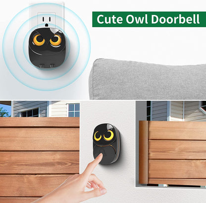 Wireless Doorbell, Cute Owl Doorbell Weatherproof IP55 Outdoor Remote Push Button- 1000 Feet Long Wireless Range, 1 Receiver + 1 Transmitter, Black