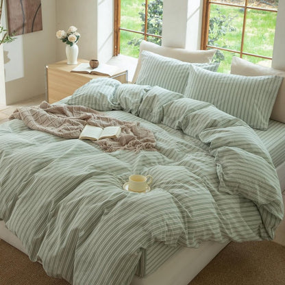 BESTDESIL Sage Green and White Striped Duvet Cover,100% Washed Cotton Breathable and Linen Like Bedding Set(Strip-Sage Green/White,Full)