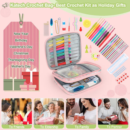 Katech Crochet Hooks Set with Case, 73-Piece Crochet Hooks Kit Knitting Accessories Ergonomic Aluminum Alloy Crochet Hook Colorful Crochet Needles for Making Socks, Gloves, Bag, Hat, Sweaters