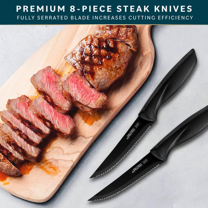 Home Hero High-Carbon Stainless Steel Steak Knife Set - Sharp Serrated Knives & Nonstick Coating - Ergonomic TPR-Coated Handles - Rust-Resistant Blades & Hand Wash - 8-Piece Set, Black