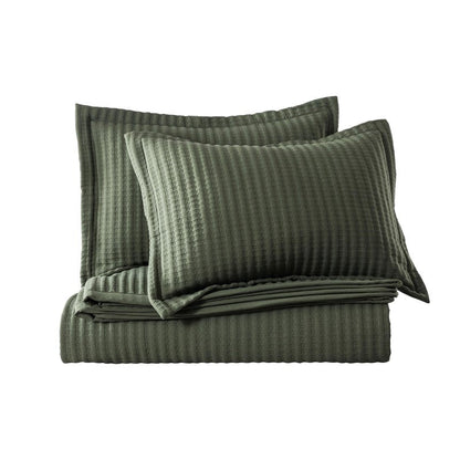 WDCOZY Olive Green Queen Size Quilt Set, Striped Pick Stitch Lightweight Bedspread, Soft Channel Farmhouse Rustic Coverlet, Spring Summer Thin Comforter, Country Bedding, 90x90 inches