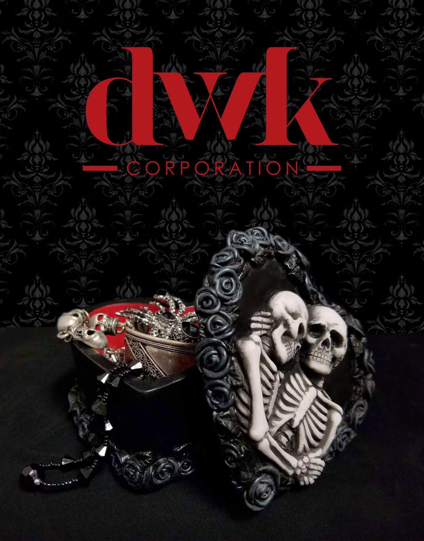 DWK - To Have & To Hold - Beautiful Gothic Skeleton Lovers Embracing on Black Rose Wreath Keepsake Jewelry Trinket Stash Box with Red Interior Romantic Goth Valentine's Day Home Decor Accent, 5-inch