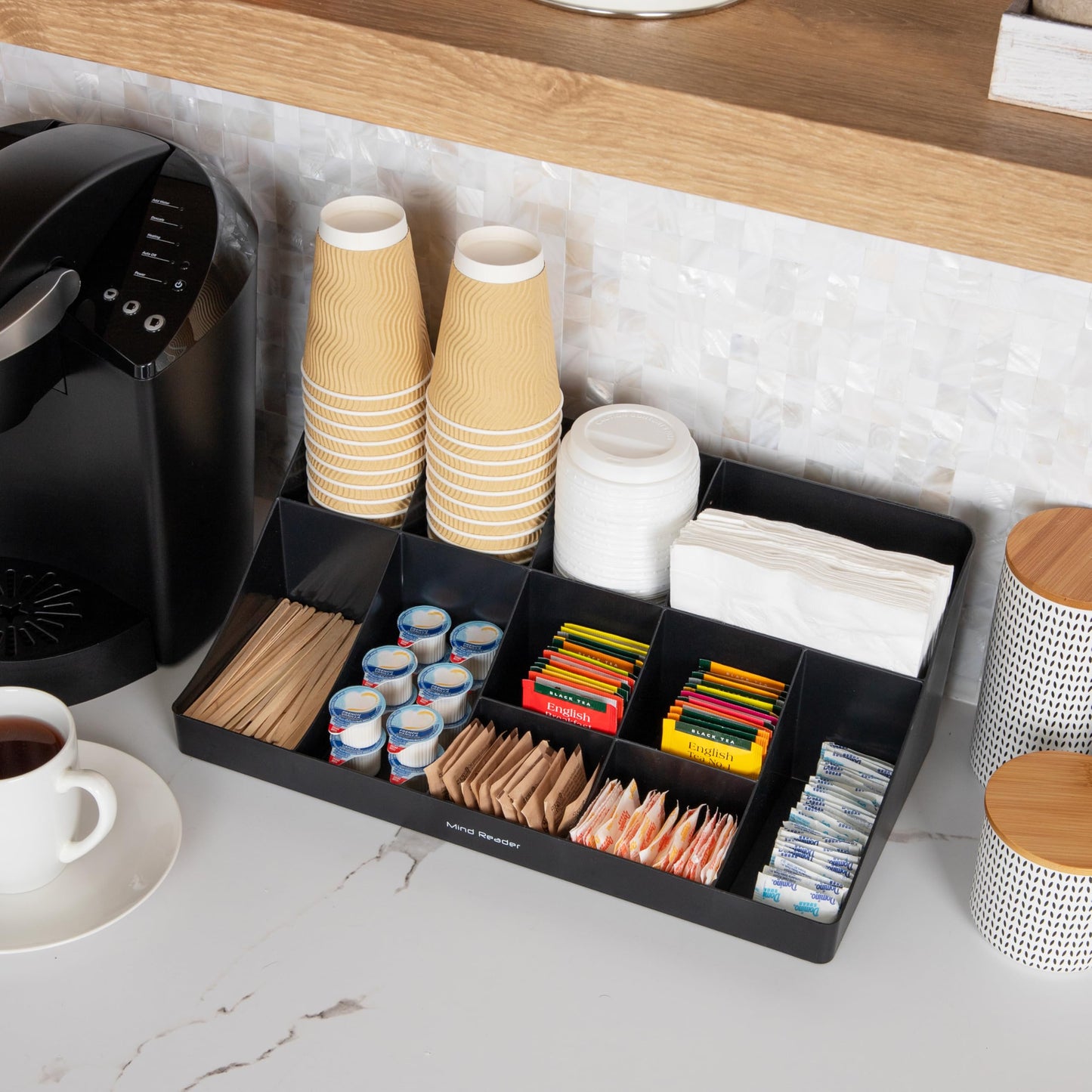 Mind Reader Cup and Condiment Station, Countertop Organizer, Coffee Bar, Kitchen, Stirrers, 17.875"L x 9.5"W x 6.625"H, Black