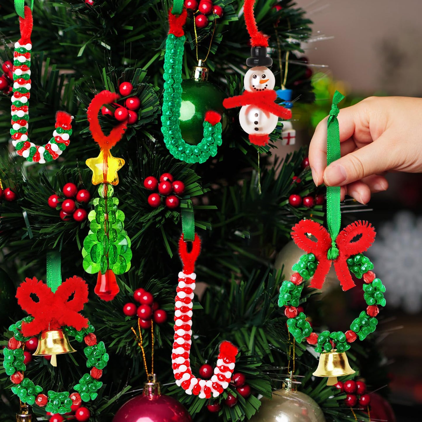 AWHETIE Christmas Crafts for Kids and Adults, 40 Sets Beaded Ornament Kit with 20 Wreaths with Bell, 5 Snowman, 5 Trees, 10 Candy Canes, Holiday Decorations