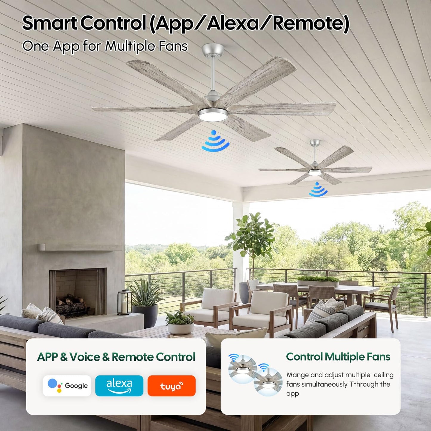 60 Inch Farmhouse Rustic Ceiling Fan with Light, Modern Smart Alexa/APP /Remote Control, Outdoor Fans for Patio Damp Rated, 6 Solid Wood Blades, High CFM Quiet DC Motor for Indoor Living Room Bedroom