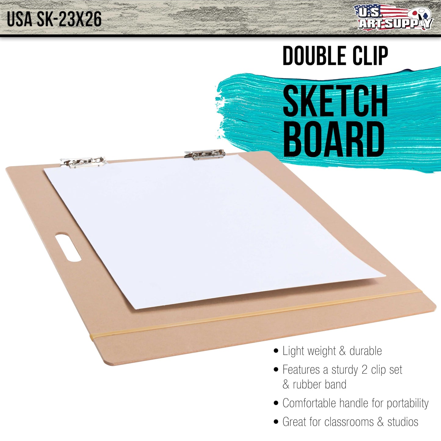 U.S. Art Supply 23" x 26" Artist Sketch Tote Board - Lightweight Hardboard Drawing Board with Handle, Clip & Rubber Band for Art, Sketching, Travel, Studio