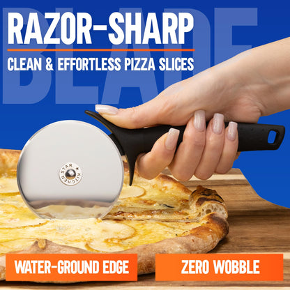 KitchenStar Pizza Cutter Wheel - 304 Stainless Steel Slicer Knife with Super Sharp Blade, Anti-Wobble Axle Mechanism, Ergonomic Non-Slip Handle & Protective Cover, Dishwasher Safe