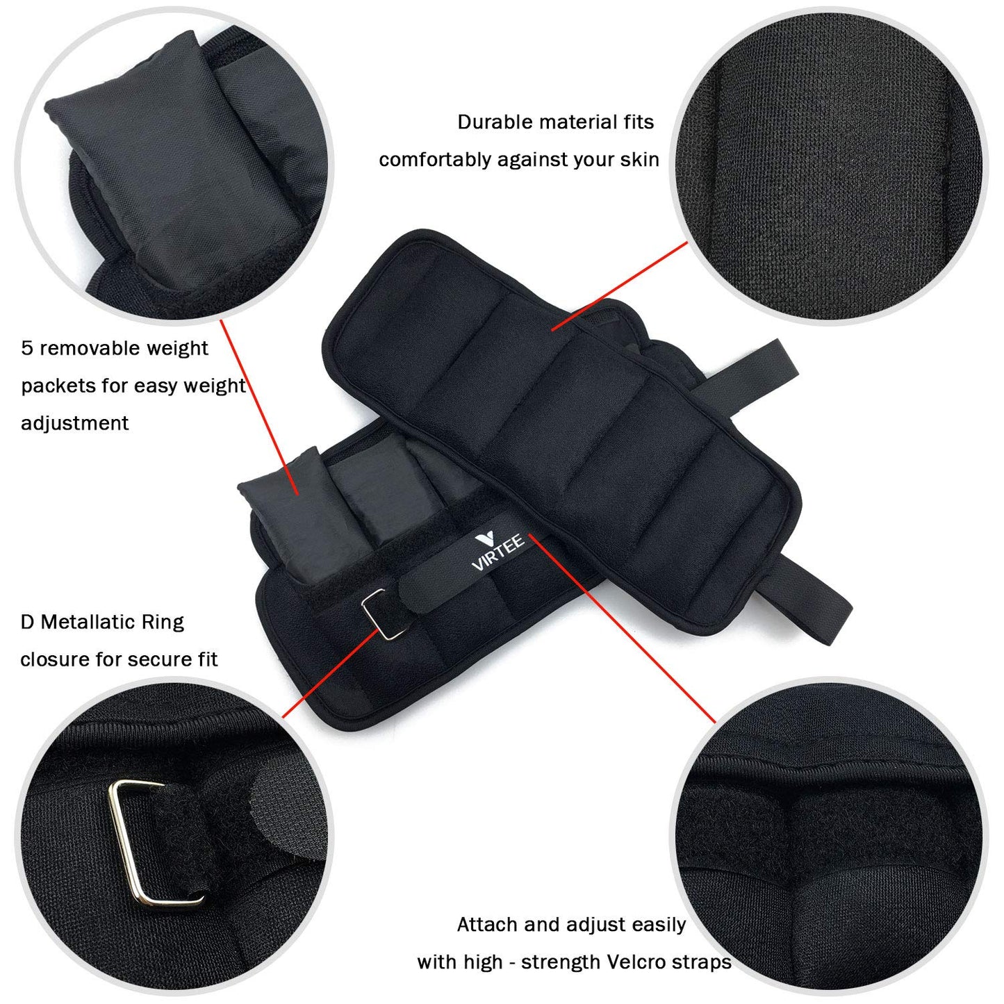 Virtee Adjustable Ankle Weights for Women Men Kids, Wrist Weight Set 1-5 lbs (1 Pair) with Removable Weight for Jogging, Walking, Gymnastic, Workout, 0.5-2.5 lbs Each Pack, 2 Pack