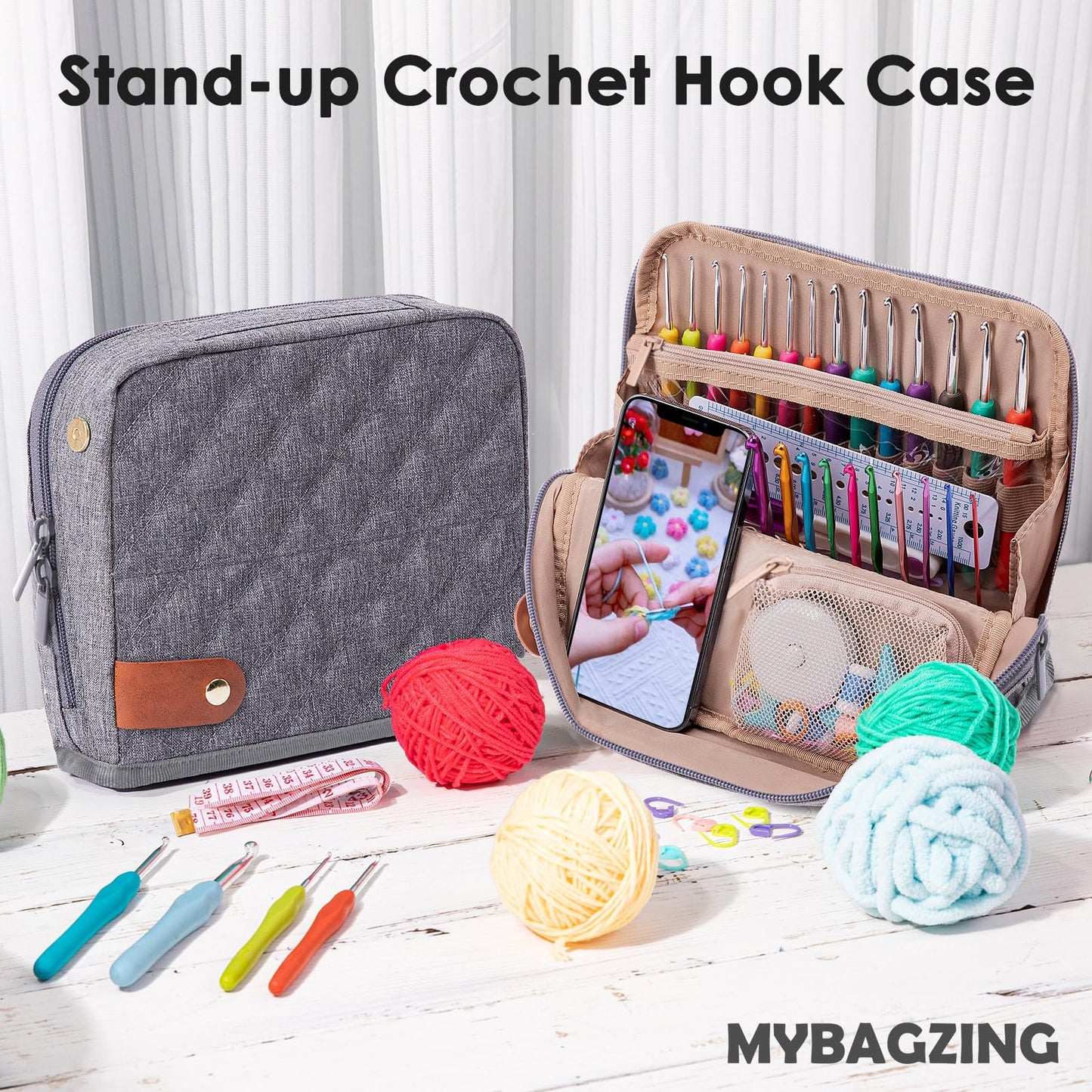 MYBAGZING Empty Crochet Hook Case - Stand Up Organizer with 30 Slots for Hooks & Needles, Accessories - Needles Set for Lovers, Kit for Beginners