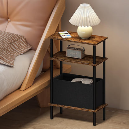 Newmics 3-Tier Narrow Side Table with Fabric Basket, End Table for Small Spaces, Slim Nightstand with Storage Shelf