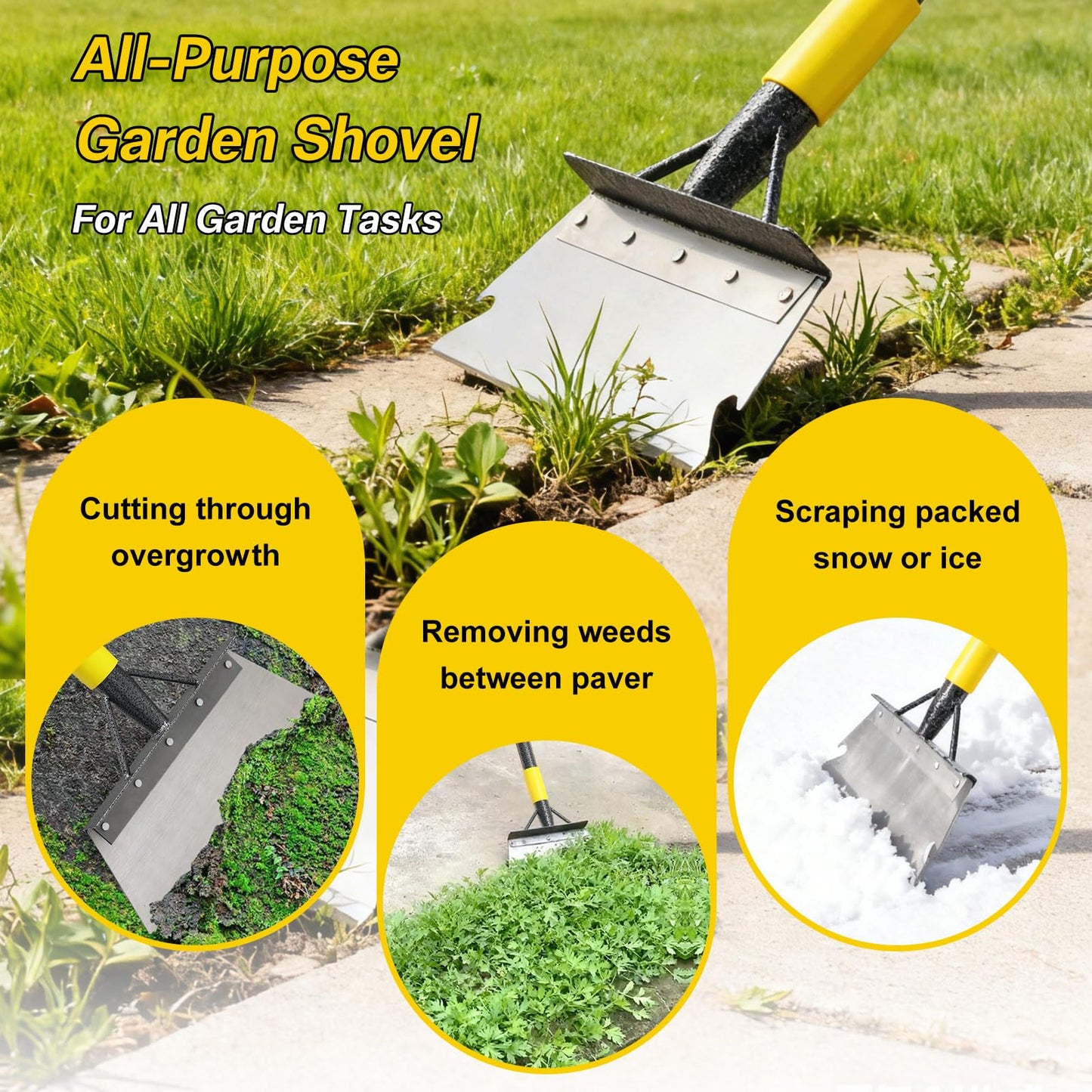 Garden Flat Shovel,60” Ice Scraper,Snow Shovel for Driveway, Stainless Steel Multifunctional Cleaning Shovels Chopper Floor Scraper for Outdoor Walkway Car Snow Ice Weeds Moss Removal