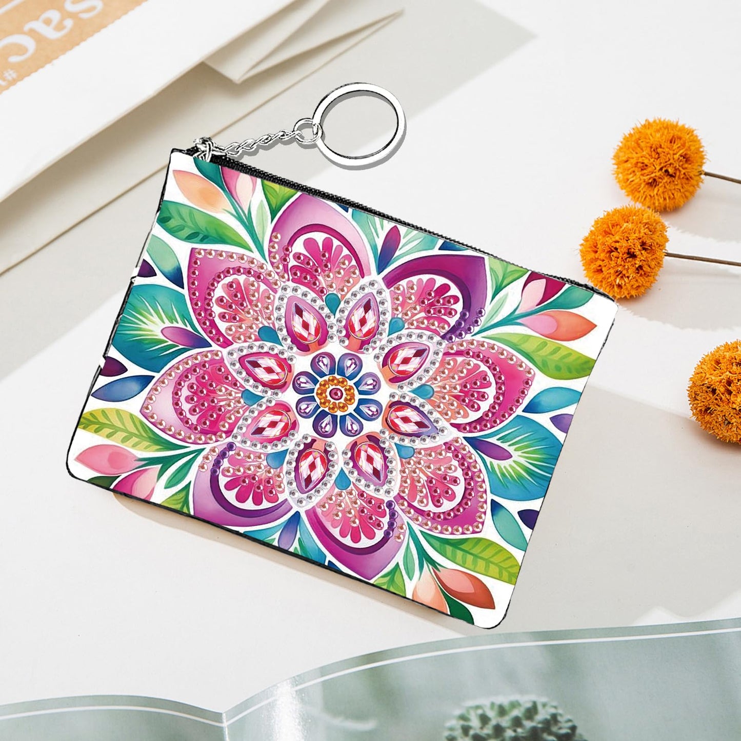 JZHYOAN Flower Diamond Painting Coin Purse for Women Mandala Gem Art Coin Pouch Mini Storage Bag for Cards Keys Lipsticks DIY Diamond Art Purses and Wallets Handbags Wallet Keychain with Zipper Craft