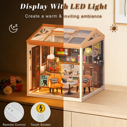 Loyratche DIY Retro Coffee Shop Miniature House Kit, 115 Pieces Mini Dollhouse with Furniture & LED Light with Roof & Dust Covers Tiny House Toy for Adults