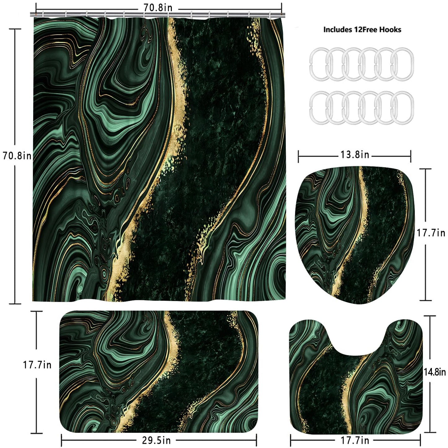 Nkzply 4 Pcs Green Marble Shower Curtain Sets with Rugs Gold Bathroom Sets with Shower Curtain and Rugs Modern Abstract Bathroom Decor Accessories Shower Curtains for Bathroom Toilet Lid Cover