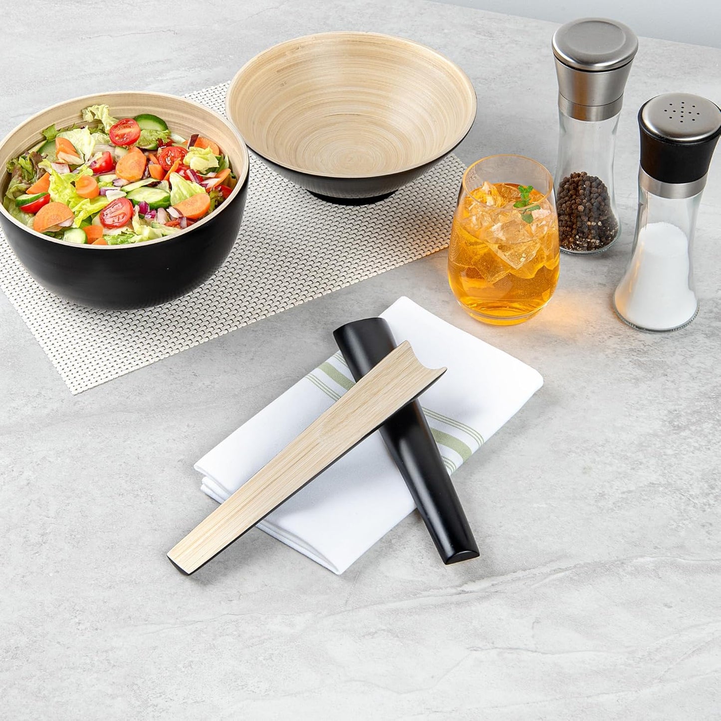 Restaurantware Bambuddha 9.8 Inch Bamboo Serving Set, 2-Piece Black Bamboo Salad Server Set with Heavy-duty Tongs