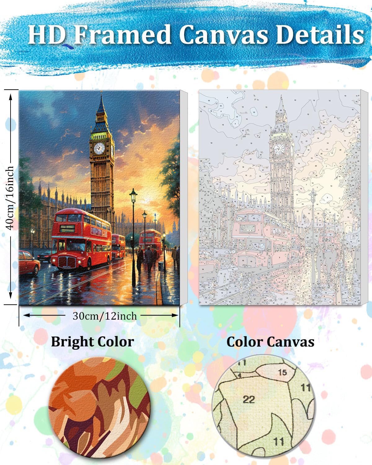 TOCARE Framed Paint by Numbers Kit for Adults Beginner, 12x16Inch London Paint by Numbers with Frame,Big Ben Paint by Number Framed Canvas (Without Easel)