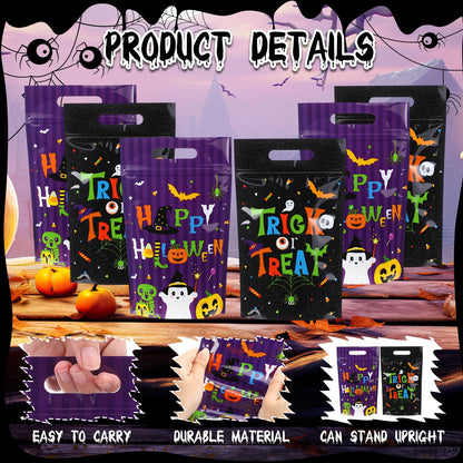 Pajean 50 Pcs Halloween Goodie Bags with Zipper Resealable Plastic Trick or Treat Candy Gift Bags Cute Ghost Pumpkin Skeletons Sealing Pouches for Halloween Party Favors Wrapping Supplies Decorations