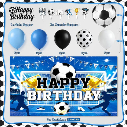 Soccer Birthday Party Decorations, 44Pcs Soccer Party Decorations with Happy Birthday Backdrop Tablecloth Foil & Latex Balloons and Cake Toppers Honeycomb Centerpieces for Boys’ Sports Party Supplies
