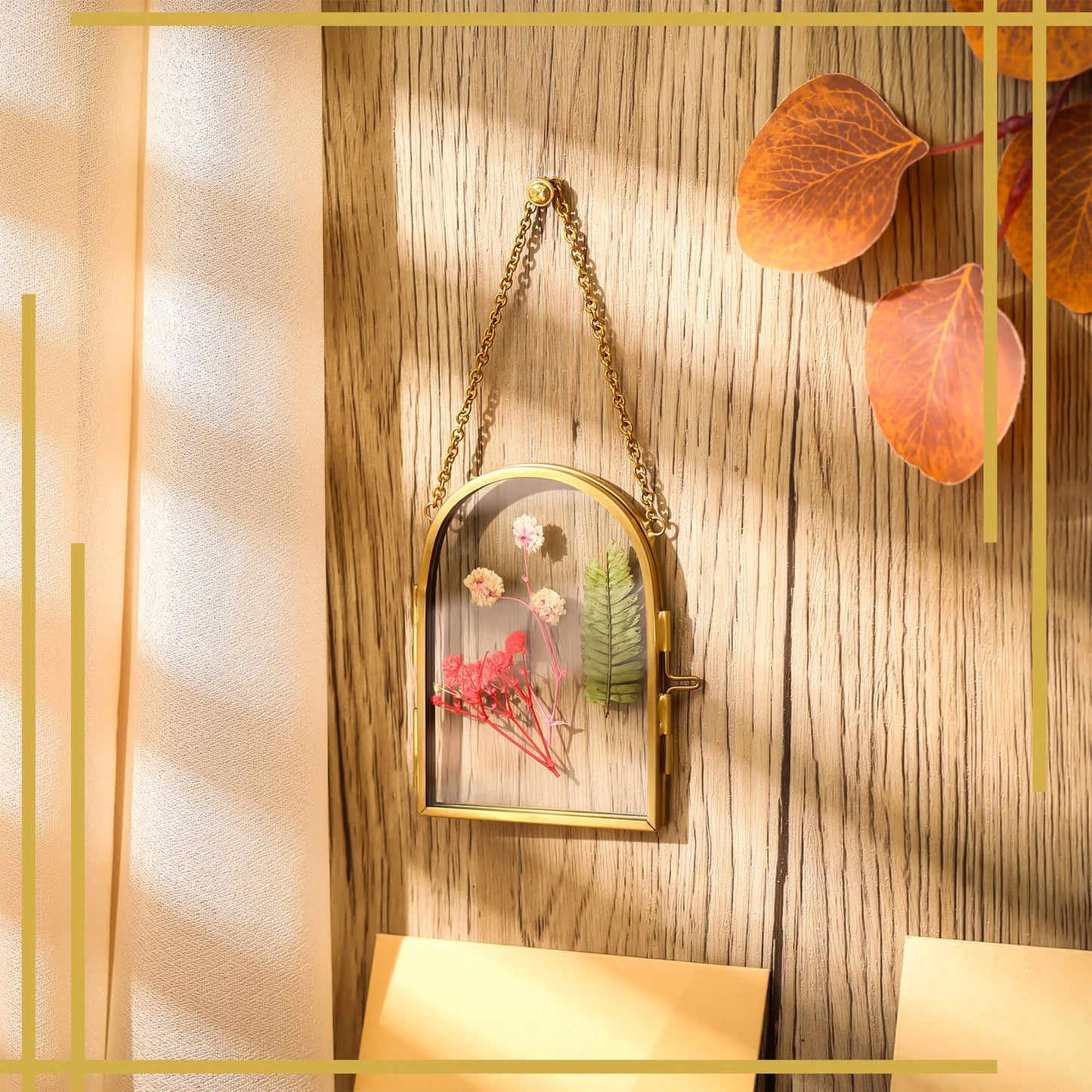 Qunclay 8 Pcs Glass Frame for Pressed Flowers 3.5 x 2.5 Inch Brass Hanging Photo Frame with Chain Arched Double Floating Picture Frames for Artwork Display DIY Dried Plant Specimen(Gold)