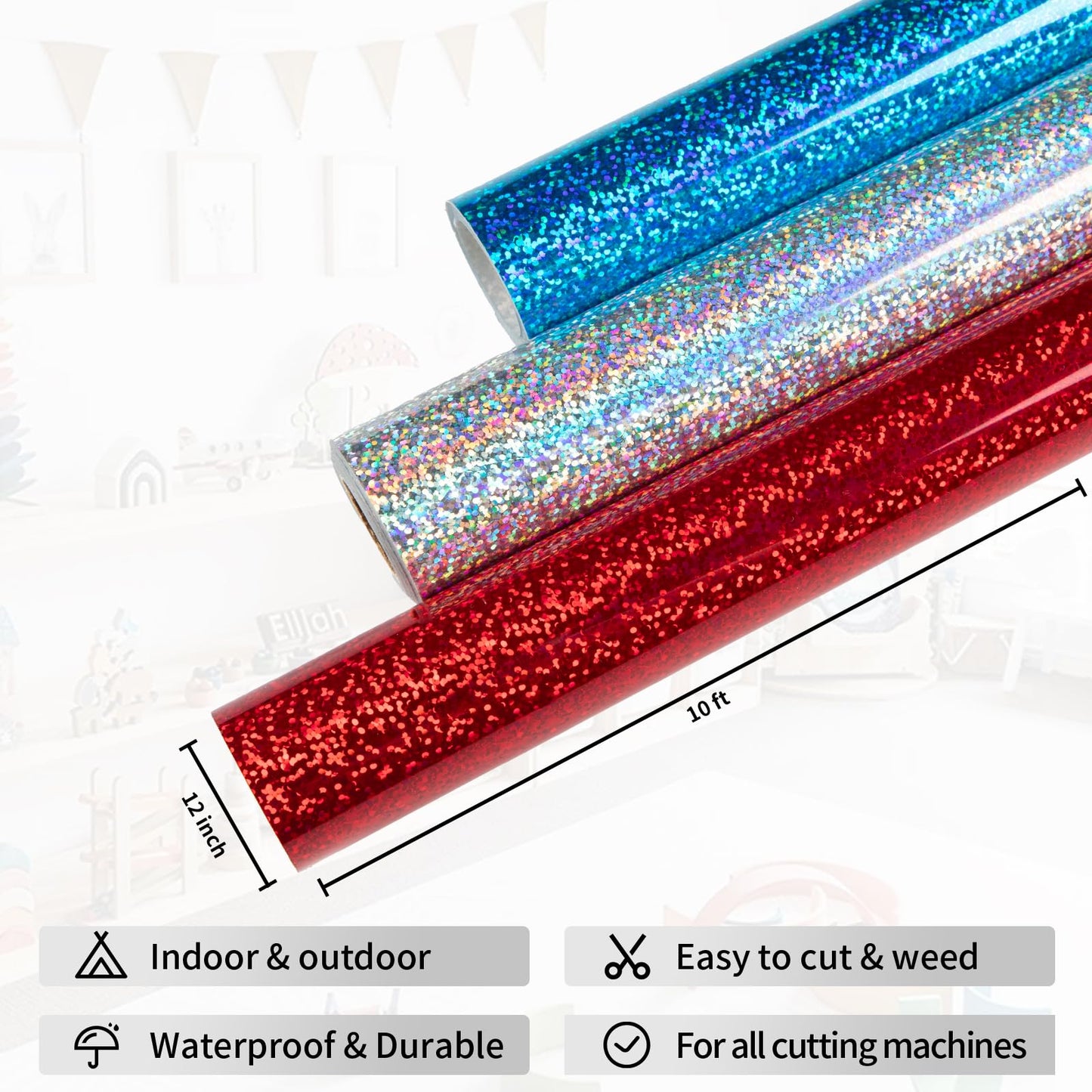 HTVRONT Holographic Glitter Permanent Vinyl, 12" x 10ft Sparkle Blue Permanent Adhesive Vinyl, Easy to Weed & Transfer Glitter Roll Compatible with Cricut Cutting Machine, Crafts, Silhouette, Decal