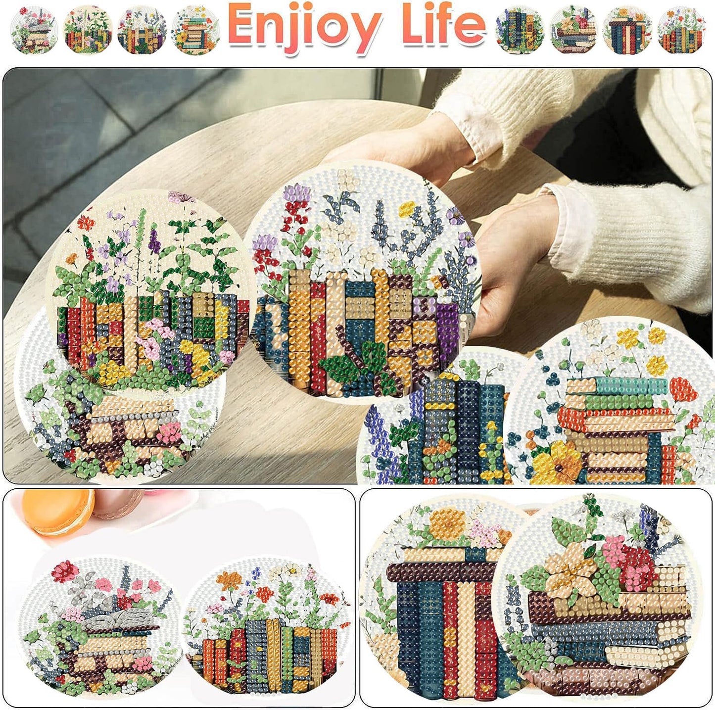 ijbnhd 8 Pcs Diamond Art Coasters Kits, Books Diamond Painting Coasters Kit with Holder, Diamonds Art Non Slip Coaster Crafts Kits for Adults Gifts 4x4 inch (Cork Wooden Pad)