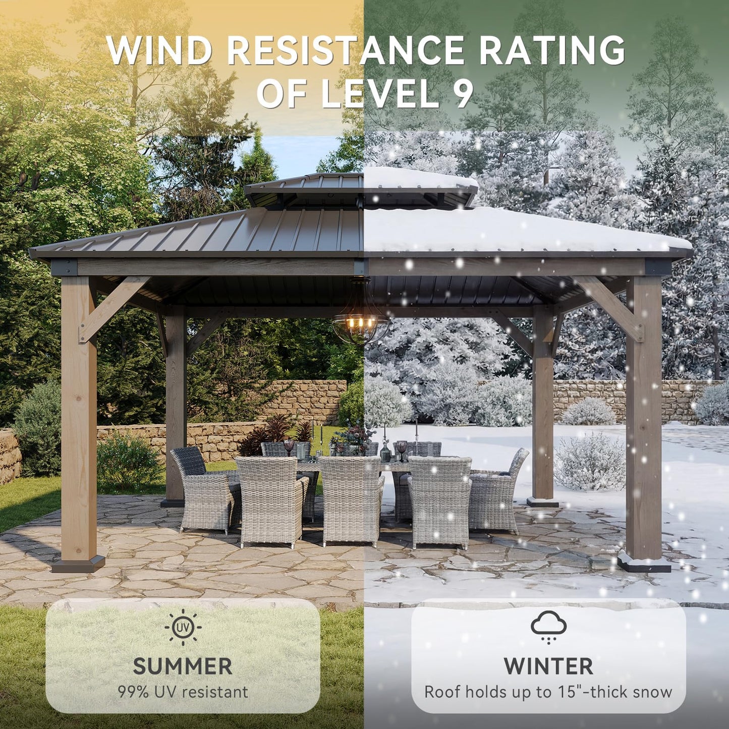 Aoxun 12' x 14' Outdoor Wood Gazebo, Hardtop Gazebo Permanent Wooden Pavilion with Galvanized Steel Double Roof, for Patio, Garden, Deckyard, Cedar Wood, Grey