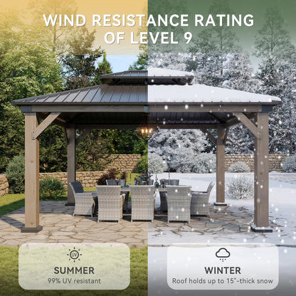 Aoxun 12' x 14' Outdoor Wood Gazebo, Hardtop Gazebo Permanent Wooden Pavilion with Galvanized Steel Double Roof, for Patio, Garden, Deckyard, Cedar Wood, Grey