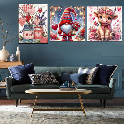 3 Pack Diamond Art Kits for Adults, Valentine's Day Diamond Painting Kits for Adults, 5D DIY Gem Art Paint With Diamonds Dots Crafts Kits for Home Decor Gift 12x16in/14x14in (Gnomes Cow and Flowers)