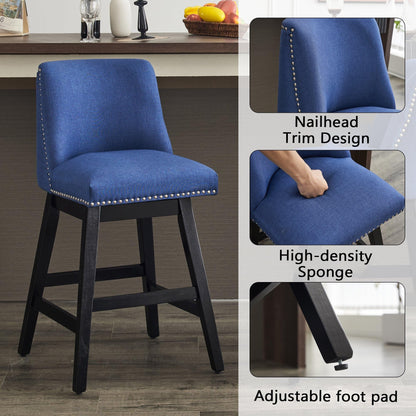 Upholstered Swivel Bar Stools Set of 2, 26" Counter Height Modern Chairs with Ergonomic Design, Wood Frame & Adjustable Foot Pad for Kitchen Island, Home Bar, Dining Room, Dark Blue