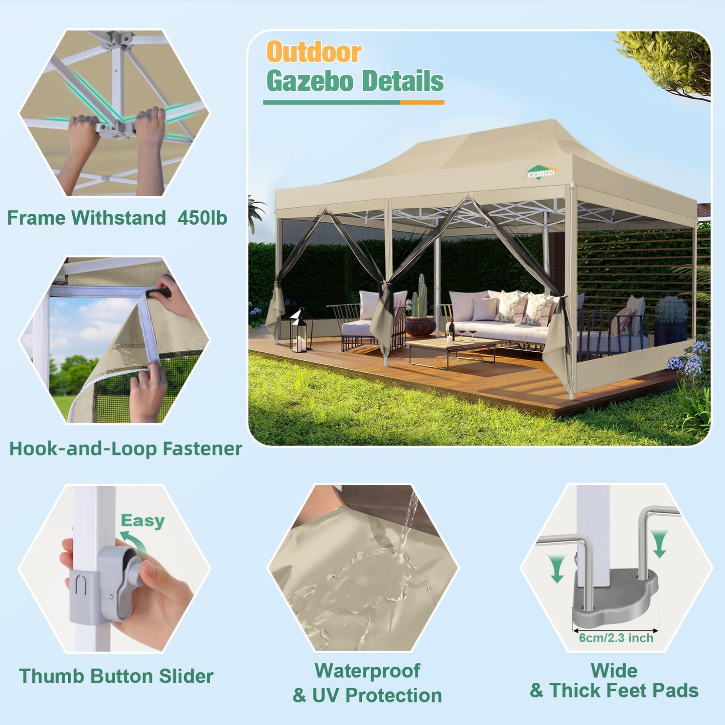 COBIZI 10x20 Canopy Tent, Heavy Duty Pop up Canopy with Sidewalls, Waterproof Easy Setup Canopy with Mosquito Netting, Outdoor Instant Screen Tents for Parties, Wedding with Roller Bag, Khaki