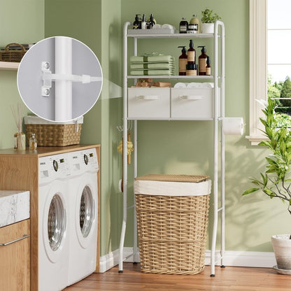Simple Trending Over The Toilet Storage Rack with Drawers, Metal 3 Tier Bathroom Organizer Shelf with Paper Holder and 3 Hooks, White
