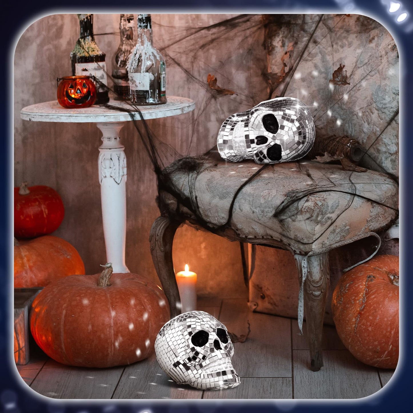 WinnerWhy 2 Pcs 3D Disco Halloween Decor Disco Halloween Skull Skeleton Head Status Mirror Ball Skull Tiered Tray Decor Home Table Centerpiece for Graveyard Indoor Outdoor Holiday