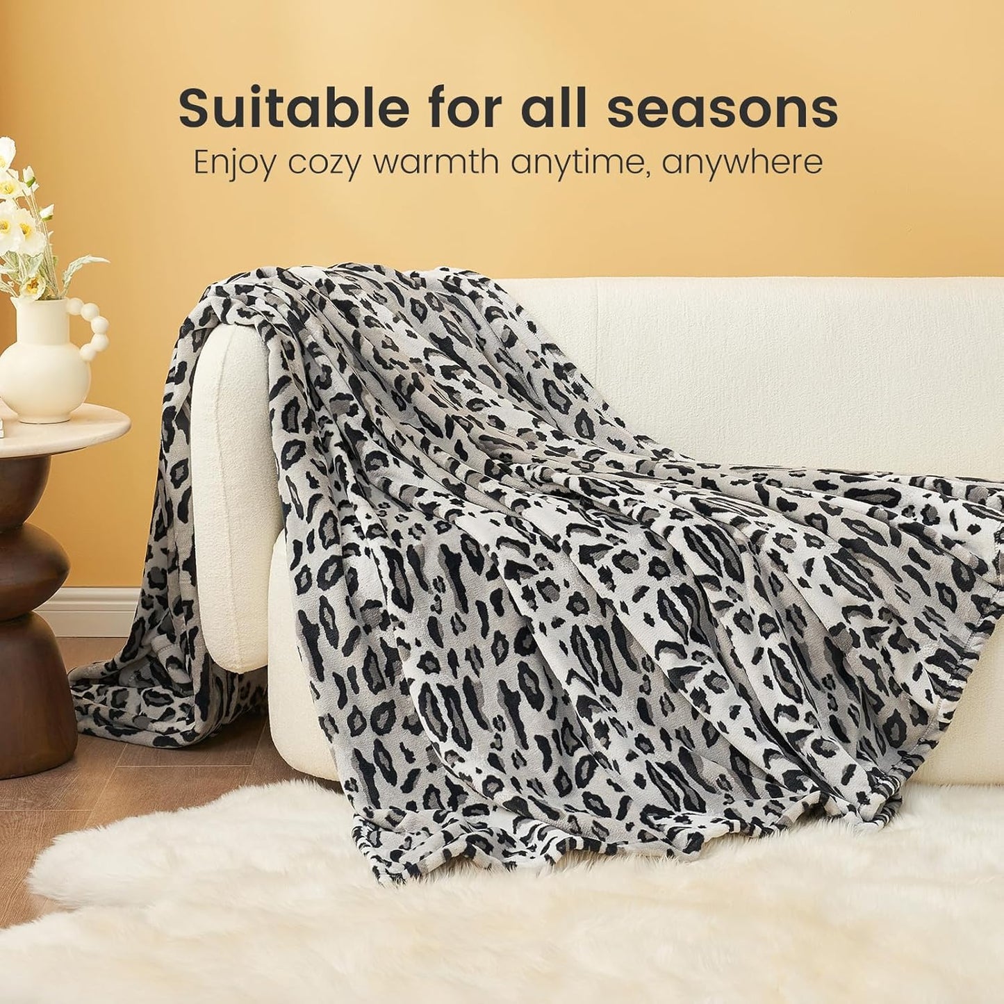 Cozy 90"*90" Bliss Leopard Print Fuzzy Throw Blanket for Bed & Couch, Thick Soft Warm Fleece Blankets for Room Decor
