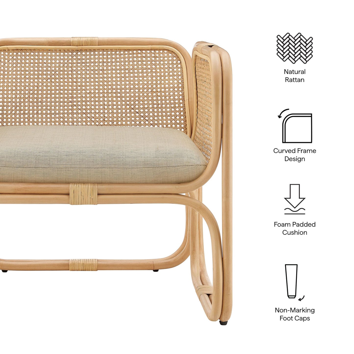Ellis Natural Rattan Accent Armchair in Natural – Curved Low Lounge Chair with Cushioned Seat for Living Room, Sunroom, or Covered Patio