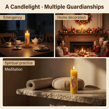 Virgen de Guadalupe Glass Beeswax Pillar Candle, 80-Hour Long Burning Smokeless Dripless Emergency Candle for Church, Prayer & Meditation, Christian Gifts for Women (Yellow, White)