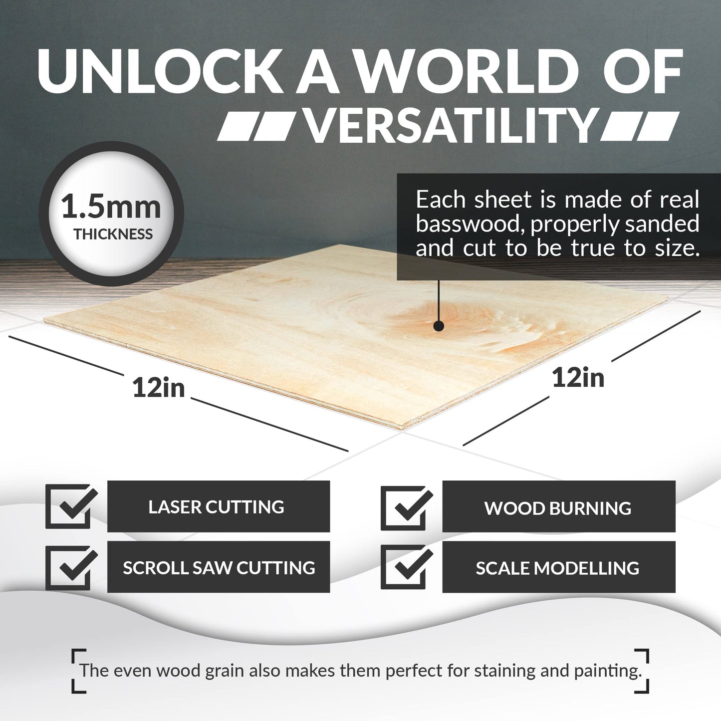Basswood Sheets for Crafts - 10 Pack - 12 x 12 x 1/16 Inch - 1.5mm Thick Plywood Sheets with Smooth Surfaces - Bass Wood for Laser Cutting, Wood Burning, Architectural Models, Staining, Drawing