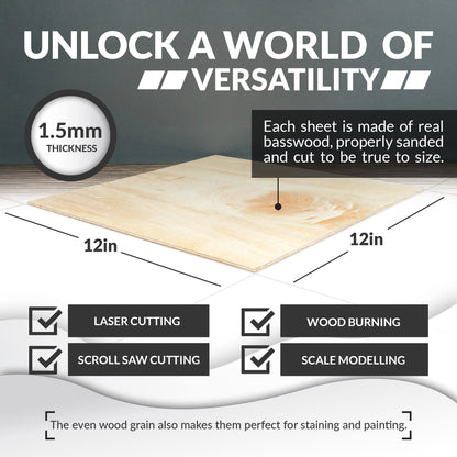 Basswood Sheets for Crafts - 10 Pack - 12 x 12 x 1/16 Inch - 1.5mm Thick Plywood Sheets with Smooth Surfaces - Bass Wood for Laser Cutting, Wood Burning, Architectural Models, Staining, Drawing