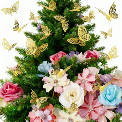Wavyknot 342 Pcs Faux Flower Heads and 3D Butterfly for Craft Bulk DIY Graduation Cap Decorations Accessory Kit Small Silk Fake Floral Head Gold Butterfly for Wedding Bouquet Graduation Cap Decor